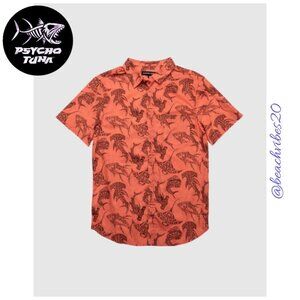 PSYCHO TUNA Men's Tribal Fish Short Sleeve Button Up Shirt Peach Echo M O-297